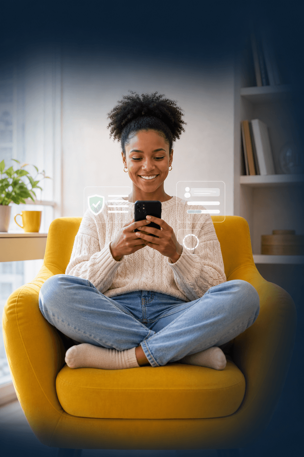 Étudiante africaine souriante utilisant son téléphone avec des contrôles de sécurité digitaux